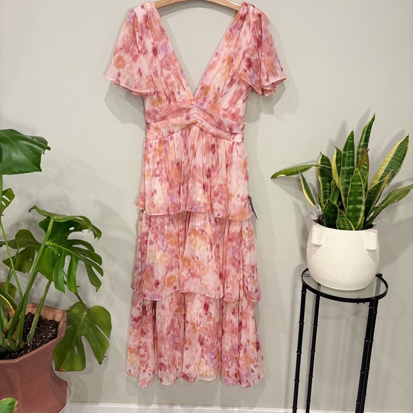 Lulus | Nalia Pink Abstract Print Tiered Tie-Back Midi Dress | Size XS - Picture 2 of 7